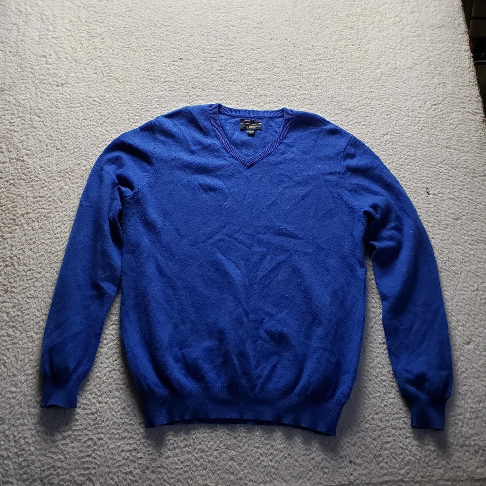Club Room Sweater Mens Large Blue 100% Cashmere V Neck Knit Pullover Lightweight